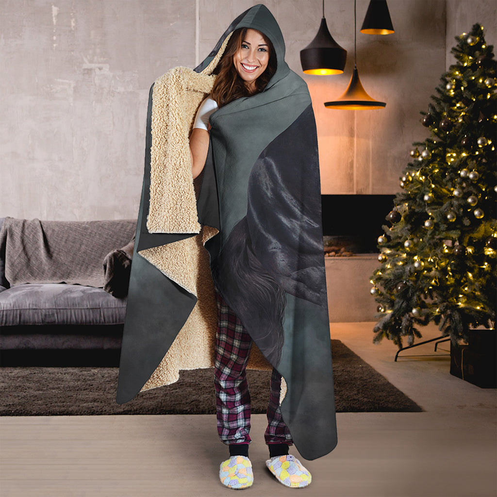 Black Stallion Horse Print Hooded Blanket
