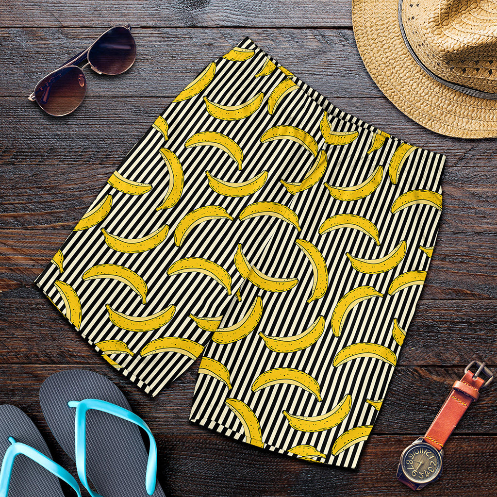 Black Striped Banana Pattern Print Men's Shorts