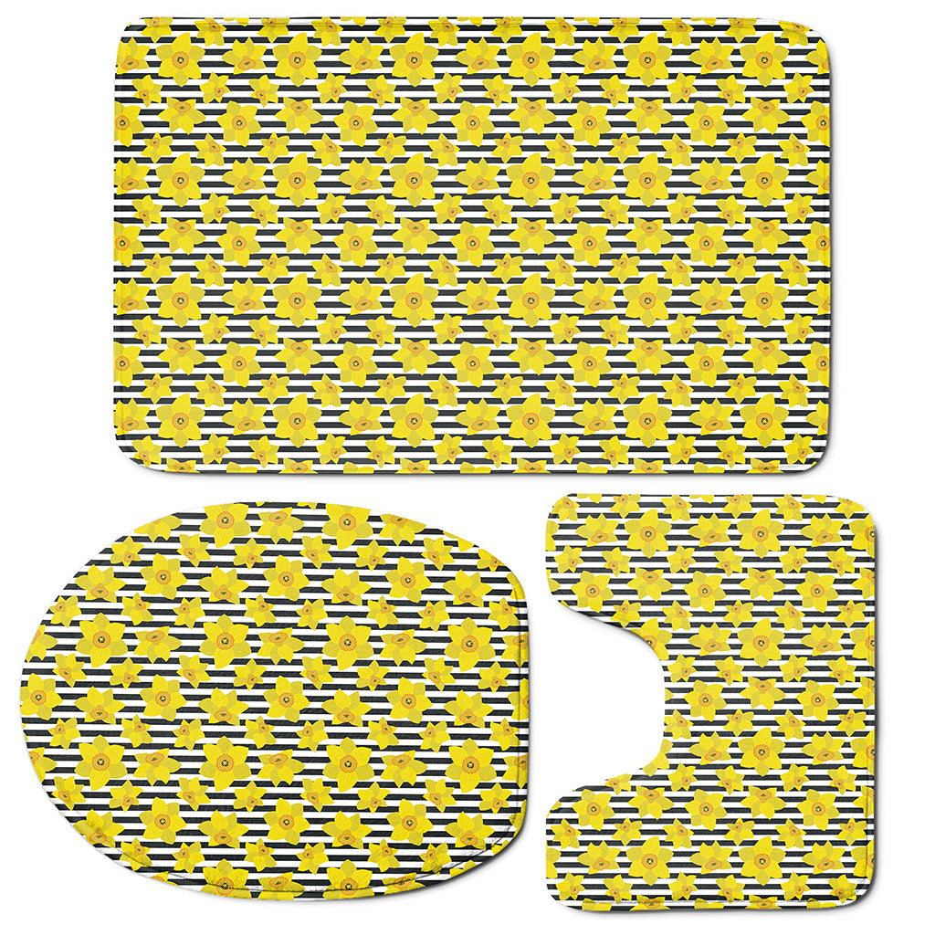 Black Striped Daffodil Pattern Print 3 Piece Bath Mat Set