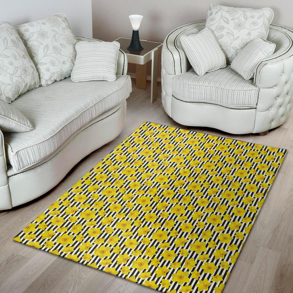 Black Striped Daffodil Pattern Print Area Rug