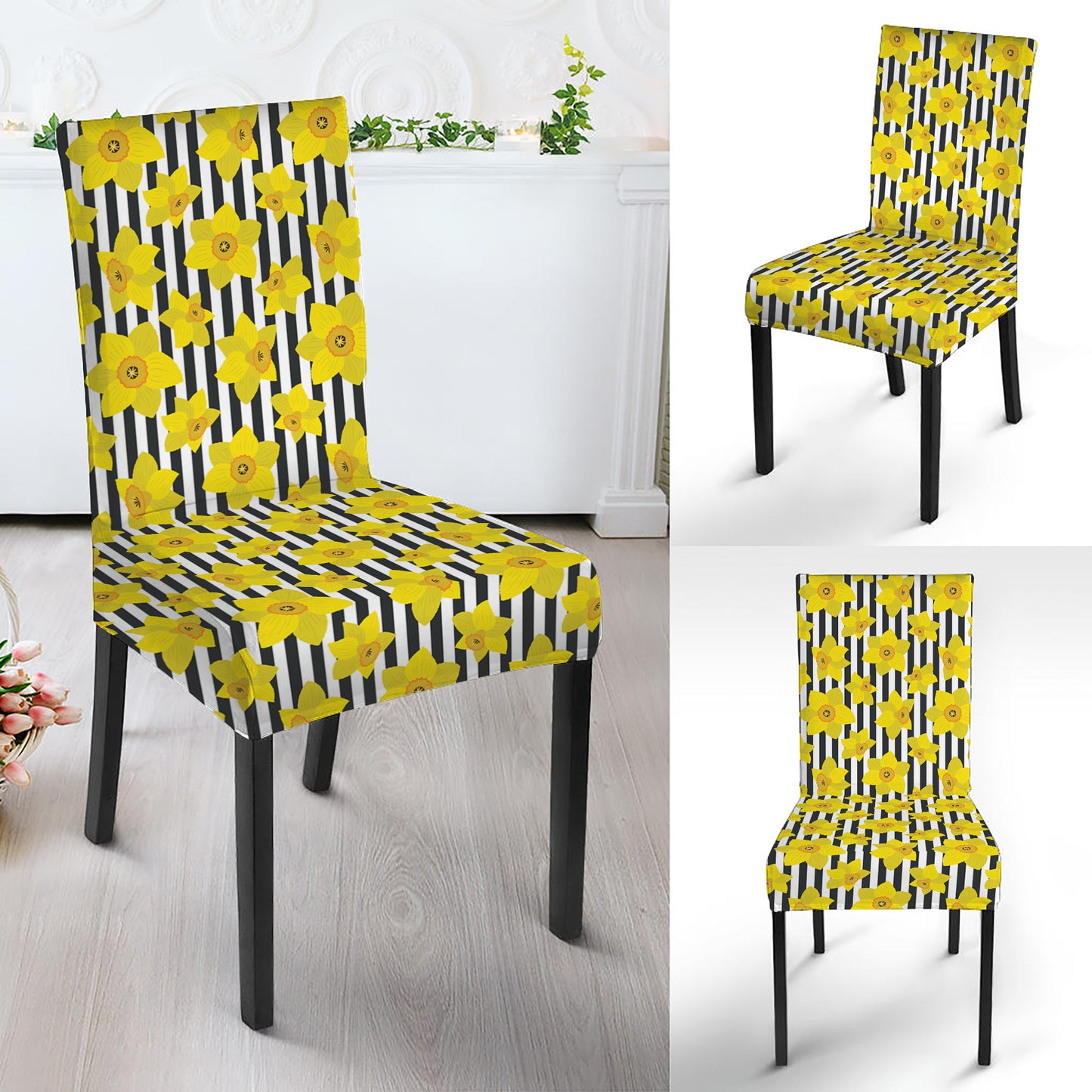 Black Striped Daffodil Pattern Print Dining Chair Slipcover