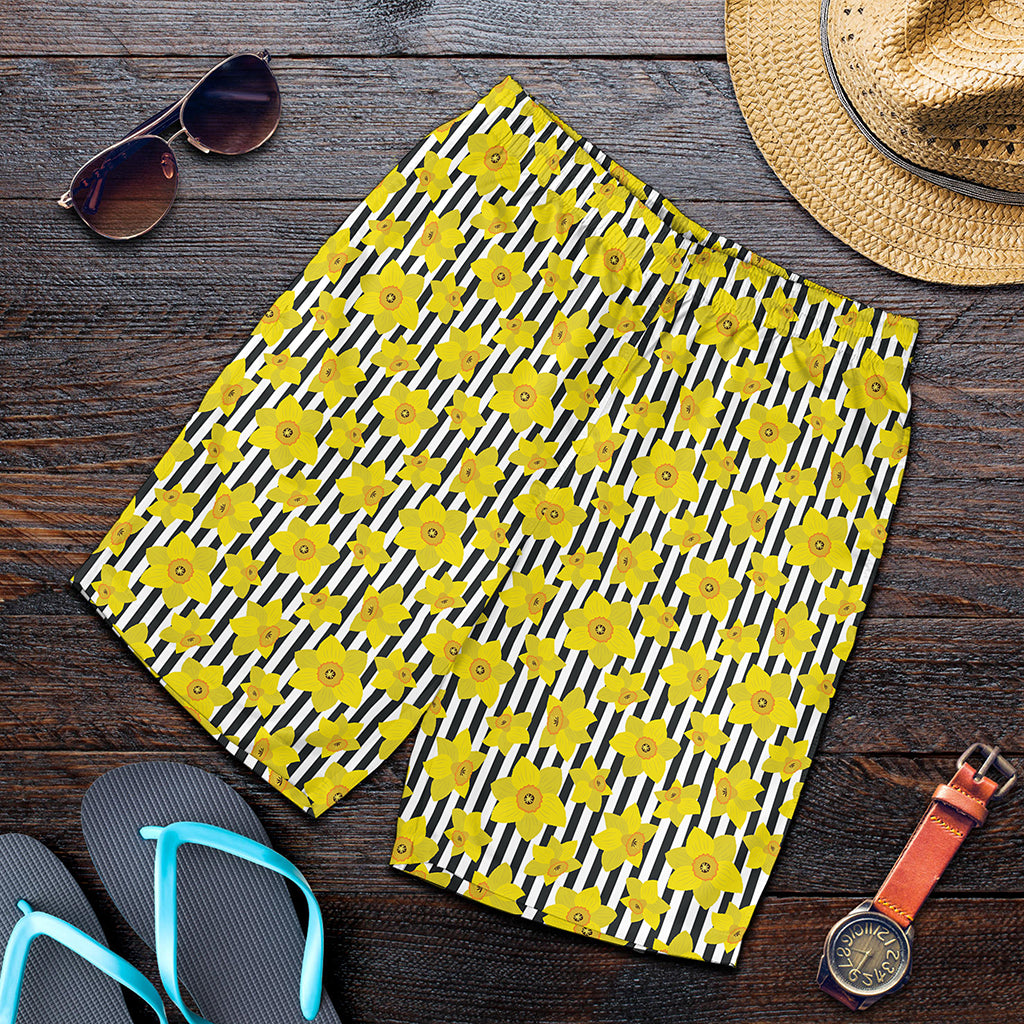 Black Striped Daffodil Pattern Print Men's Shorts