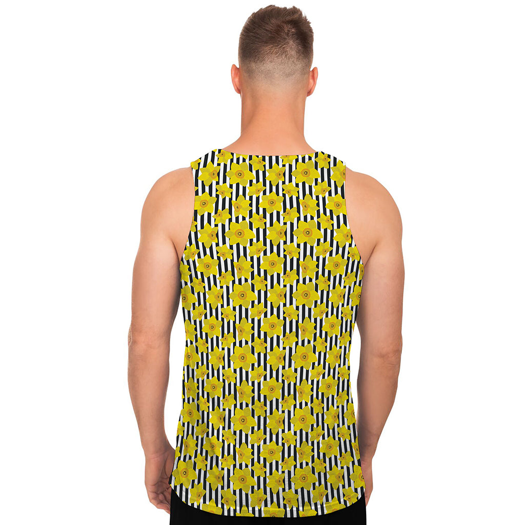 Black Striped Daffodil Pattern Print Men's Tank Top