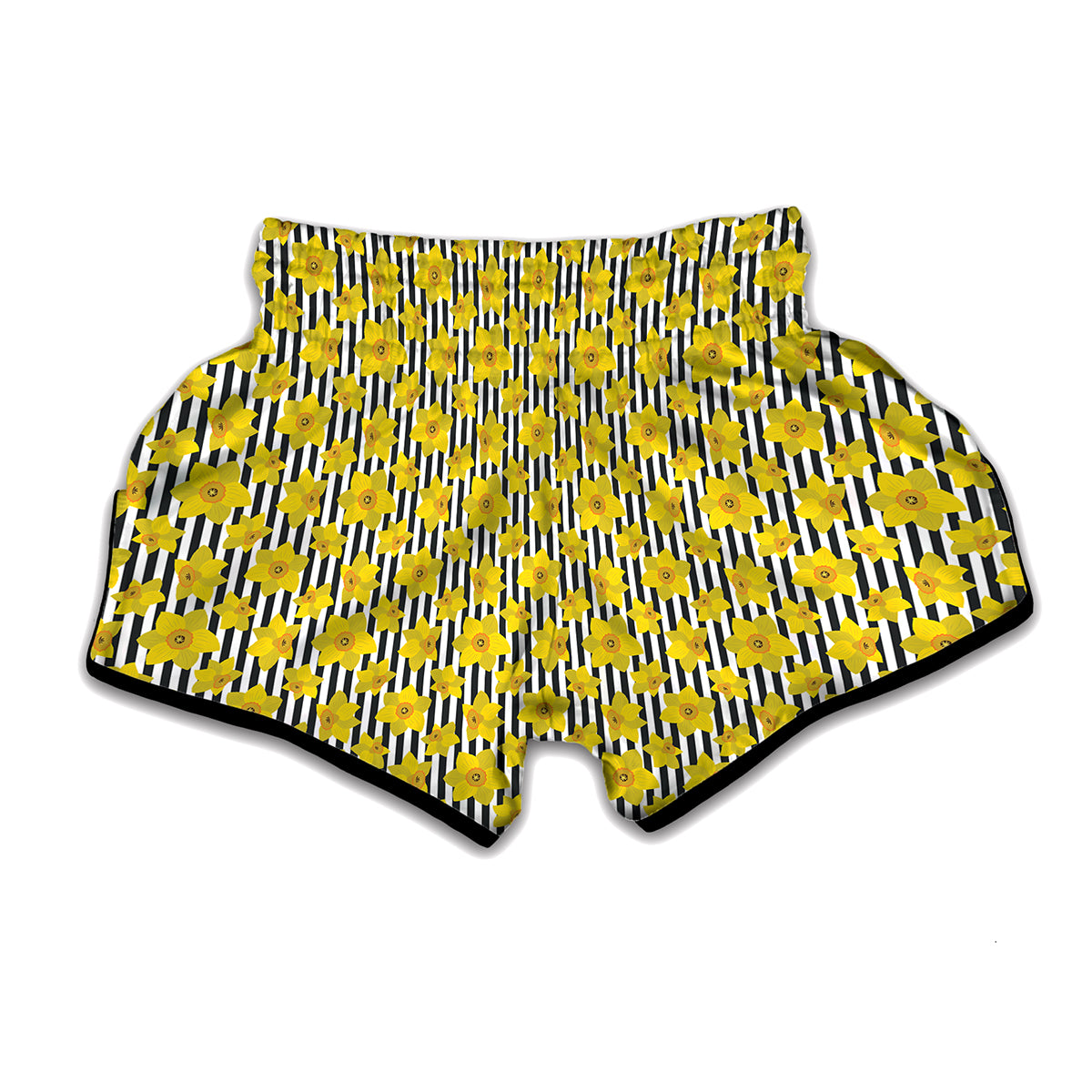 Black Striped Daffodil Pattern Print Muay Thai Boxing Shorts