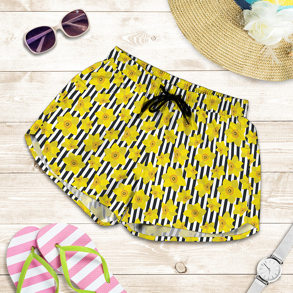 Black Striped Daffodil Pattern Print Women's Shorts