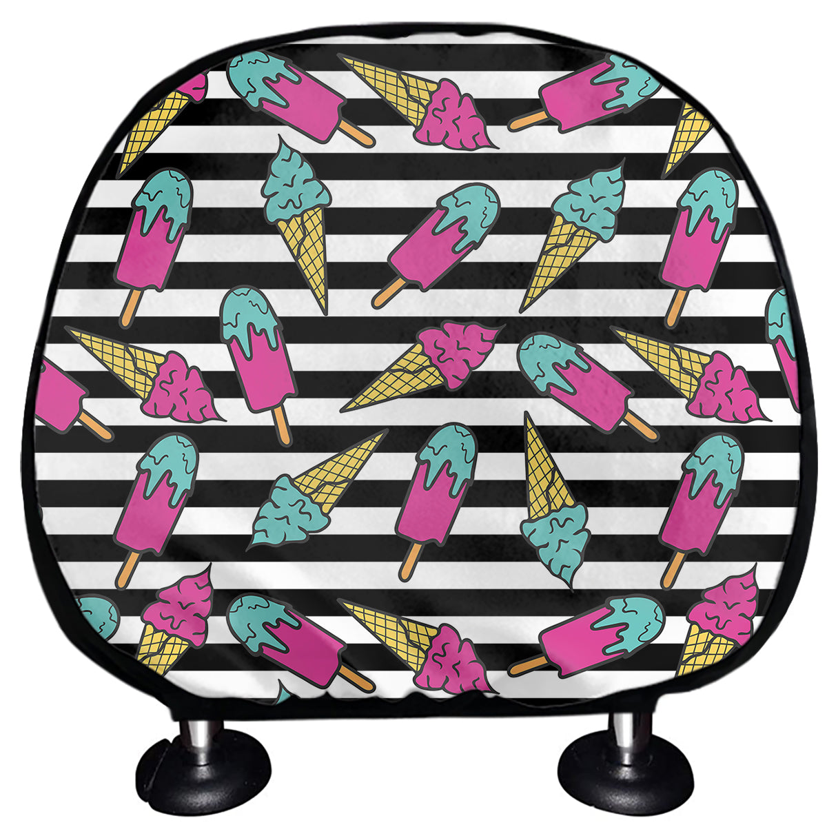 Black Striped Ice Cream Pattern Print Car Headrest Covers