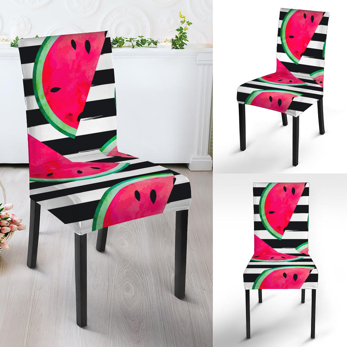 Black Striped Watermelon Pattern Print Dining Chair Slipcover