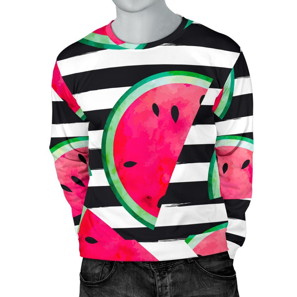 Black Striped Watermelon Pattern Print Men's Crewneck Sweatshirt GearFrost