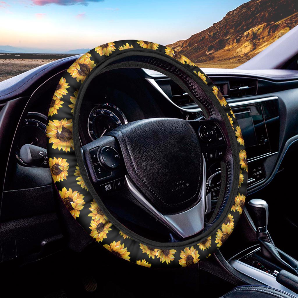 Black Sunflower Pattern Print Car Steering Wheel Cover