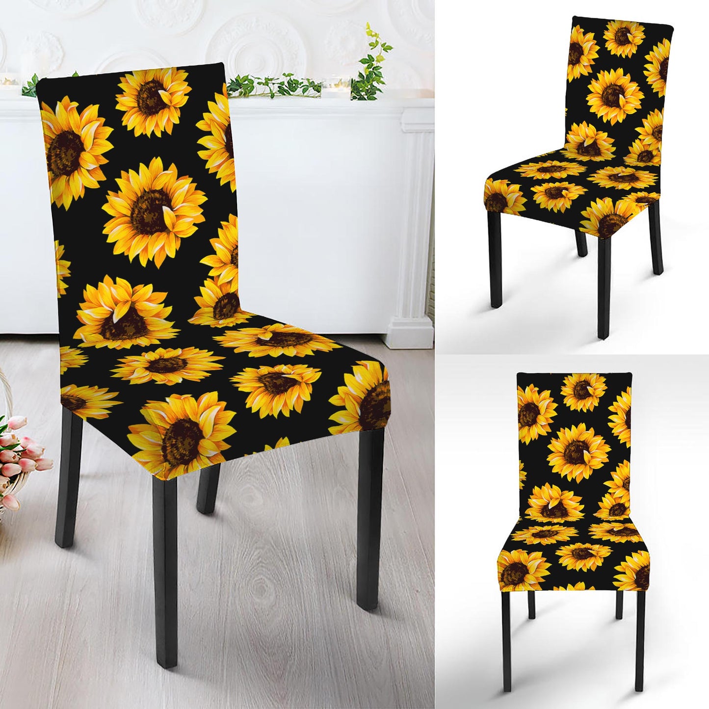 Black Sunflower Pattern Print Dining Chair Slipcover