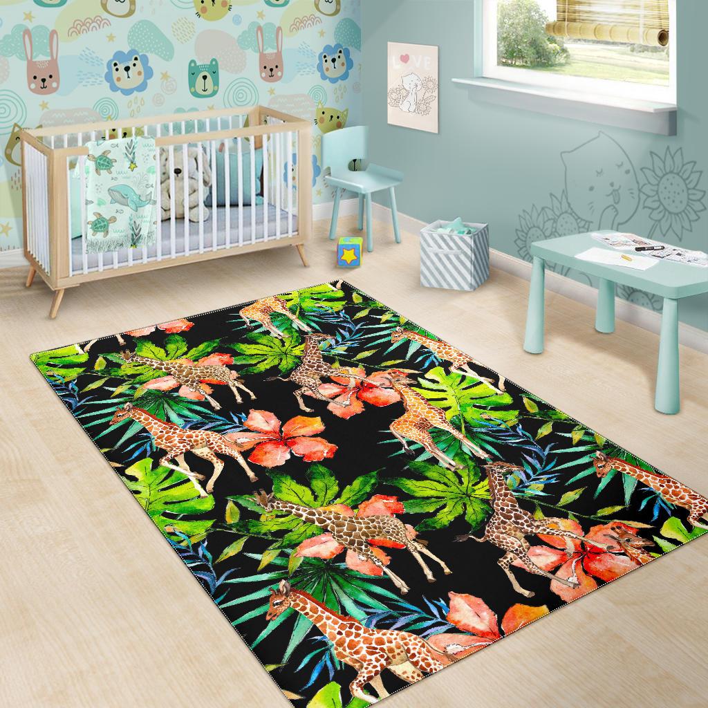 Black Tropical Giraffe Pattern Print Area Rug GearFrost