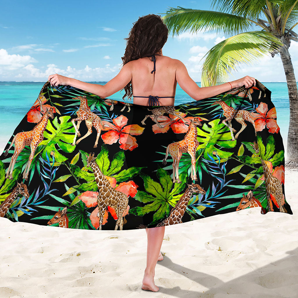 Black Tropical Giraffe Pattern Print Beach Sarong Wrap