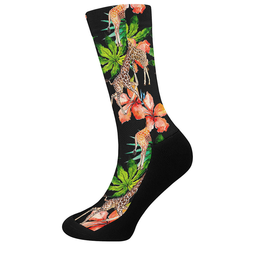 Black Tropical Giraffe Pattern Print Crew Socks