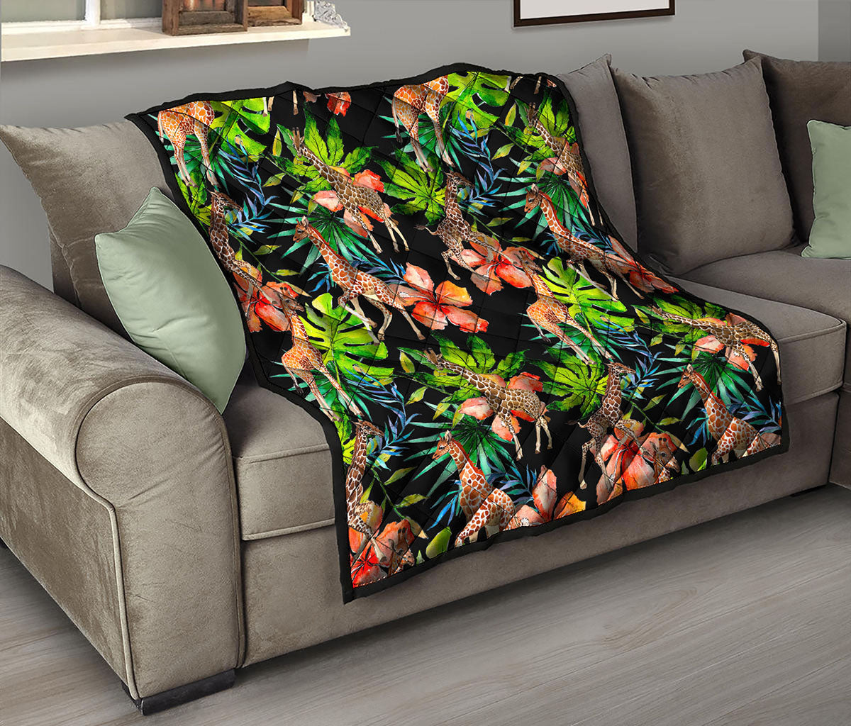 Black Tropical Giraffe Pattern Print Quilt