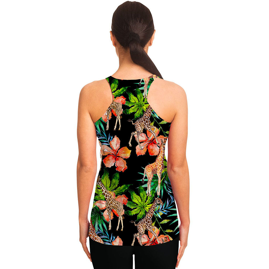 Black Tropical Giraffe Pattern Print Women's Racerback Tank Top