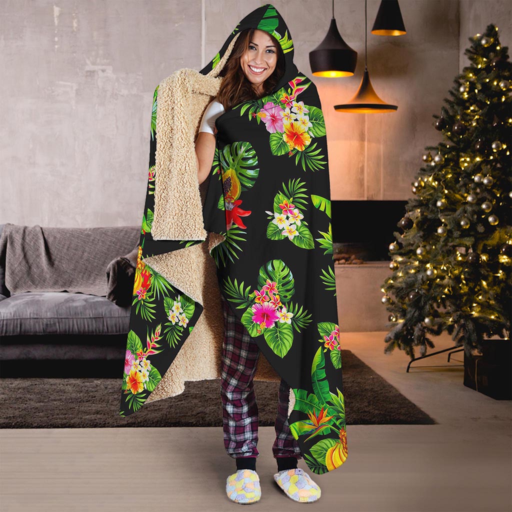 Black Tropical Hawaiian Pattern Print Hooded Blanket