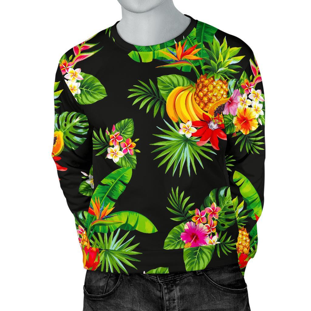 Black Tropical Hawaiian Pattern Print Men's Crewneck Sweatshirt GearFrost