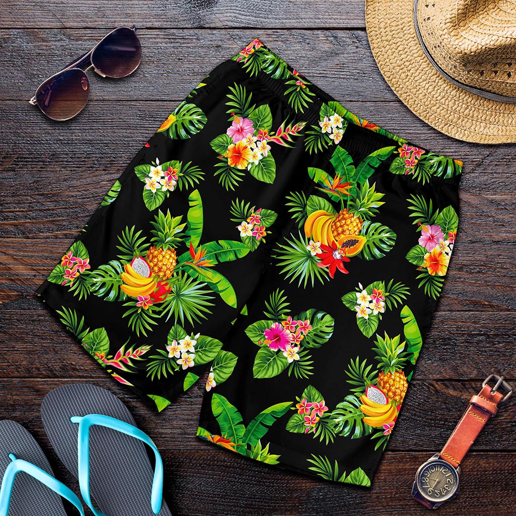 Black Tropical Hawaiian Pattern Print Men's Shorts