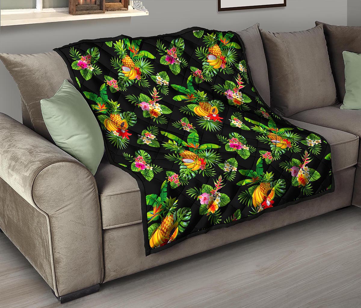Black Tropical Hawaiian Pattern Print Quilt