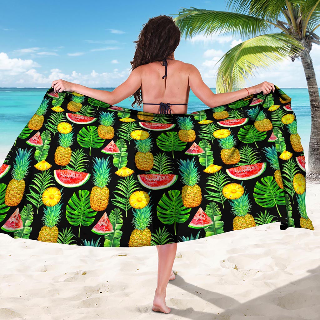 Black Tropical Pineapple Pattern Print Beach Sarong Wrap