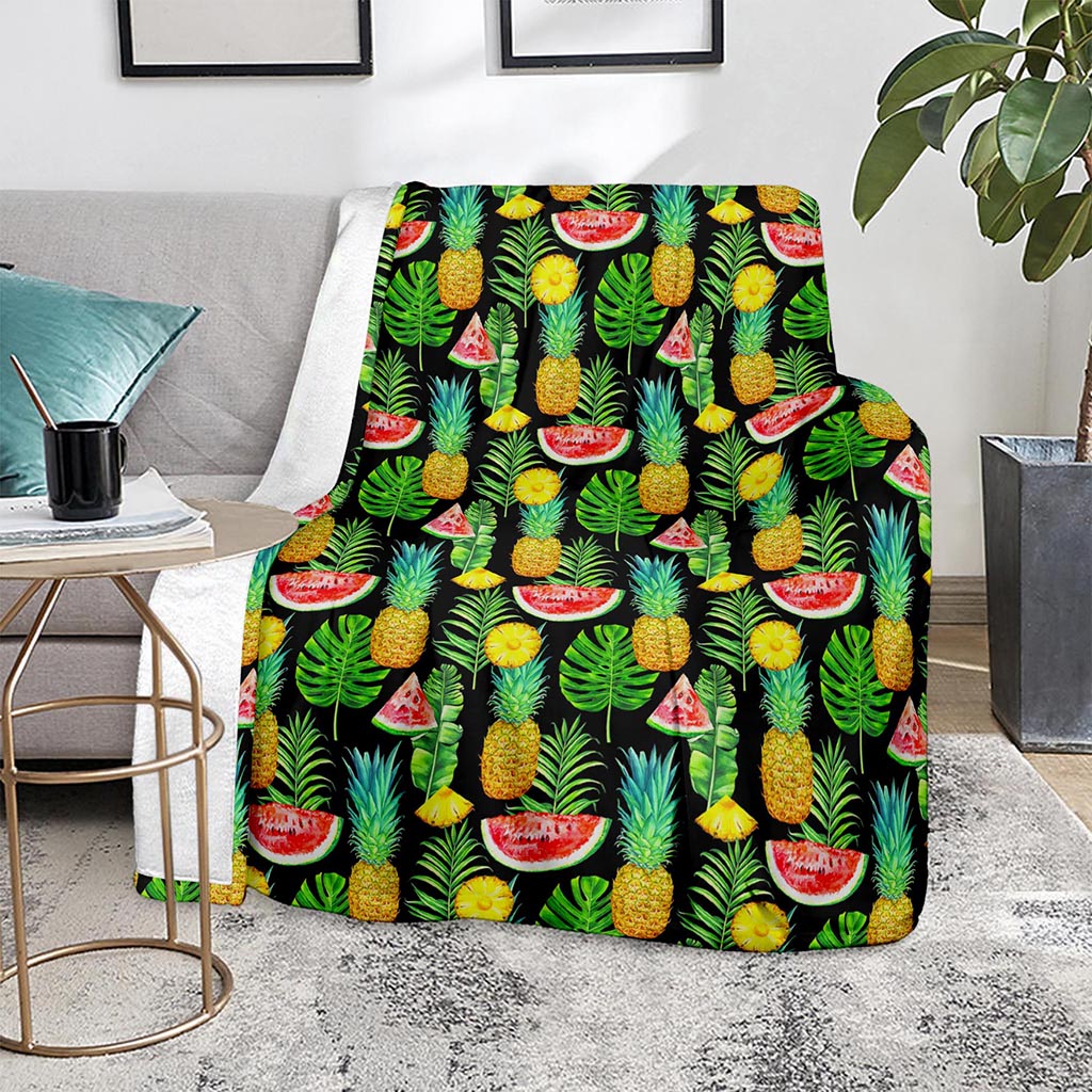 Black Tropical Pineapple Pattern Print Blanket