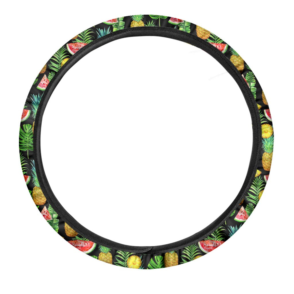 Black Tropical Pineapple Pattern Print Car Steering Wheel Cover