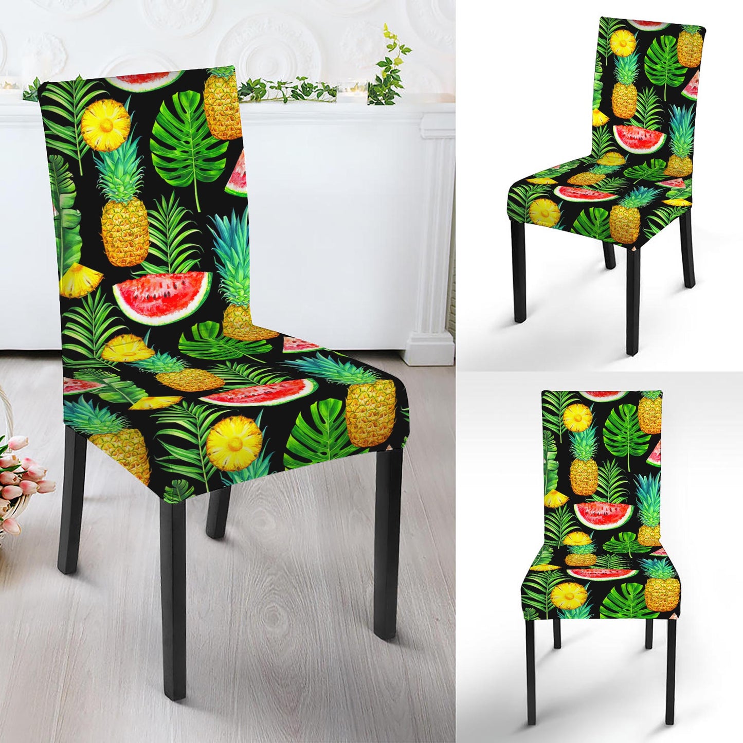 Black Tropical Pineapple Pattern Print Dining Chair Slipcover