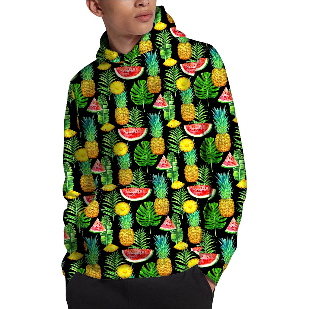 Black Tropical Pineapple Pattern Print Pullover Hoodie