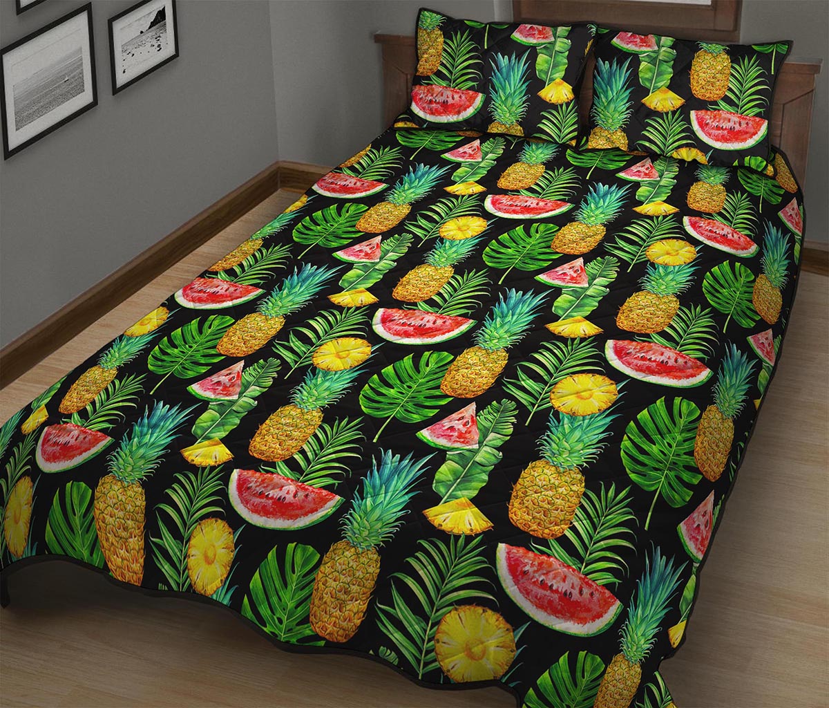 Black Tropical Pineapple Pattern Print Quilt Bed Set