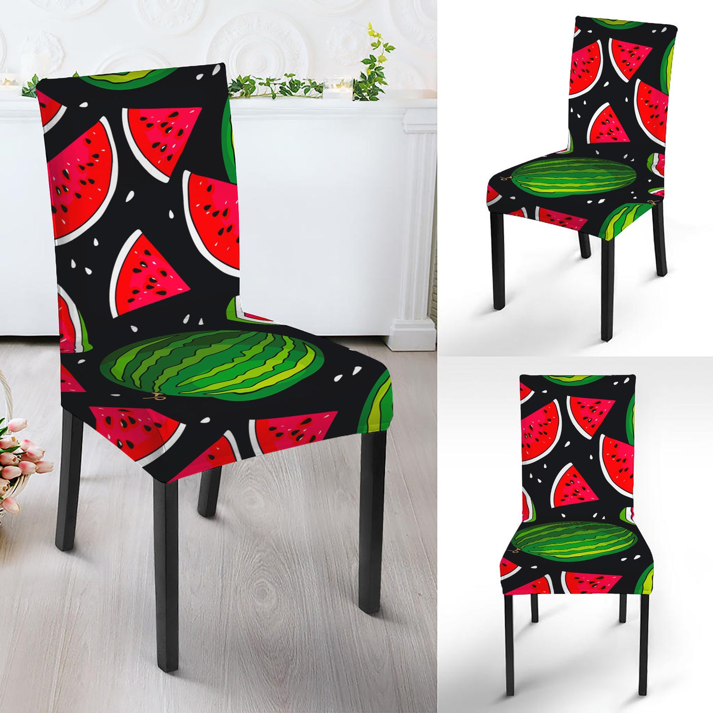 Black Watermelon Pieces Pattern Print Dining Chair Slipcover