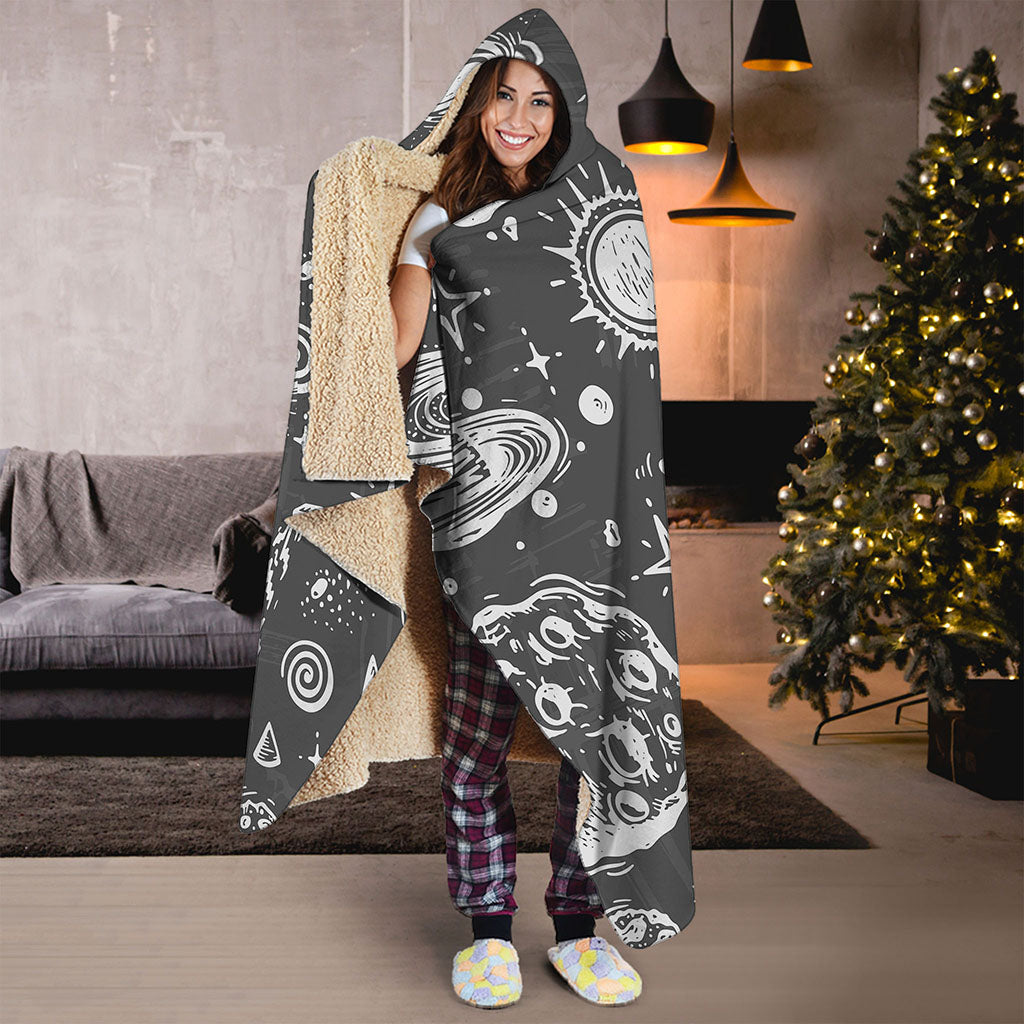 Black White Galaxy Outer Space Print Hooded Blanket