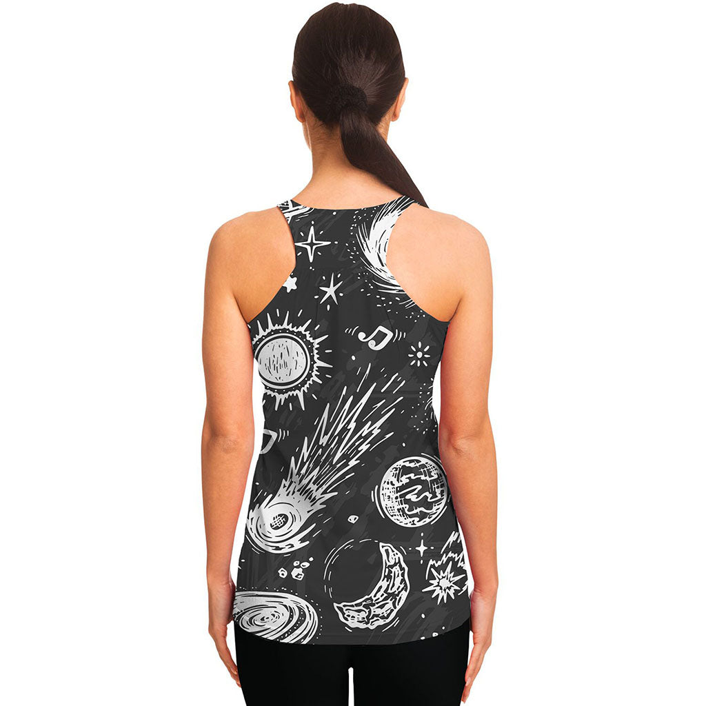 Black White Galaxy Outer Space Print Women's Racerback Tank Top