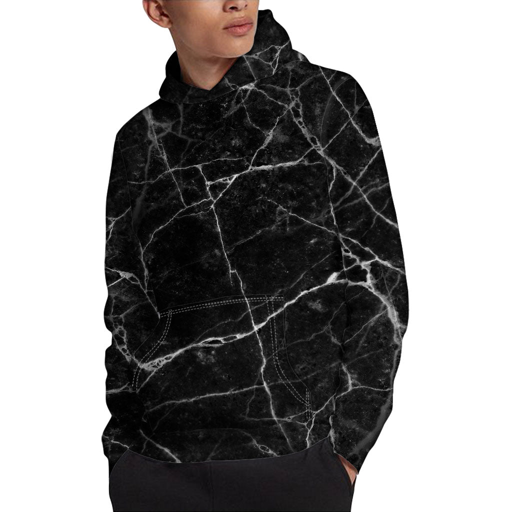 Black White Grunge Marble Print Pullover Hoodie
