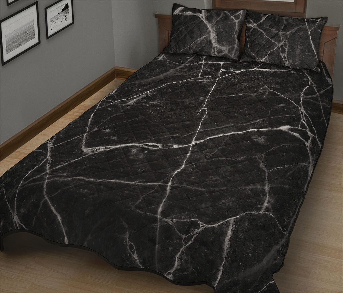 Black White Grunge Marble Print Quilt Bed Set