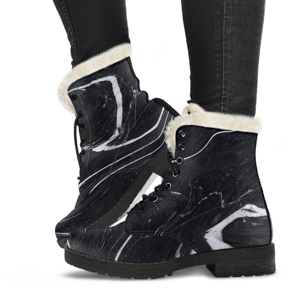Black White Liquid Marble Print Comfy Boots GearFrost