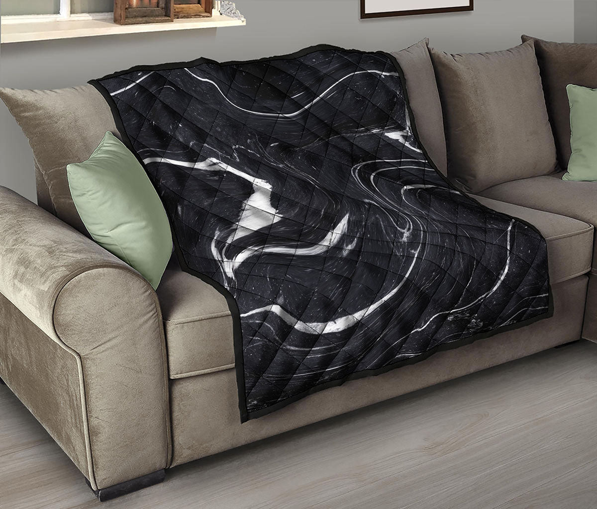 Black White Liquid Marble Print Quilt