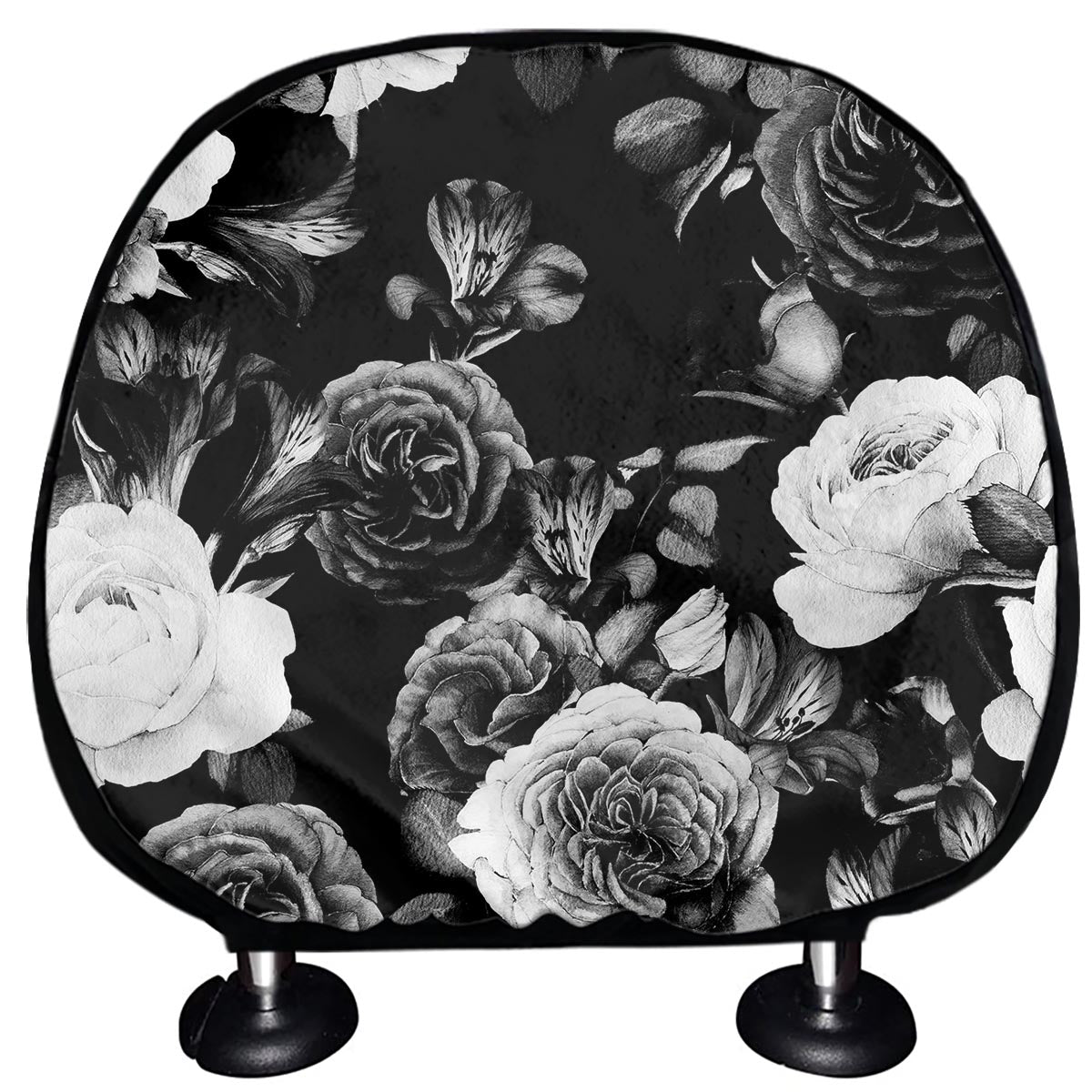 Black White Rose Floral Pattern Print Car Headrest Covers