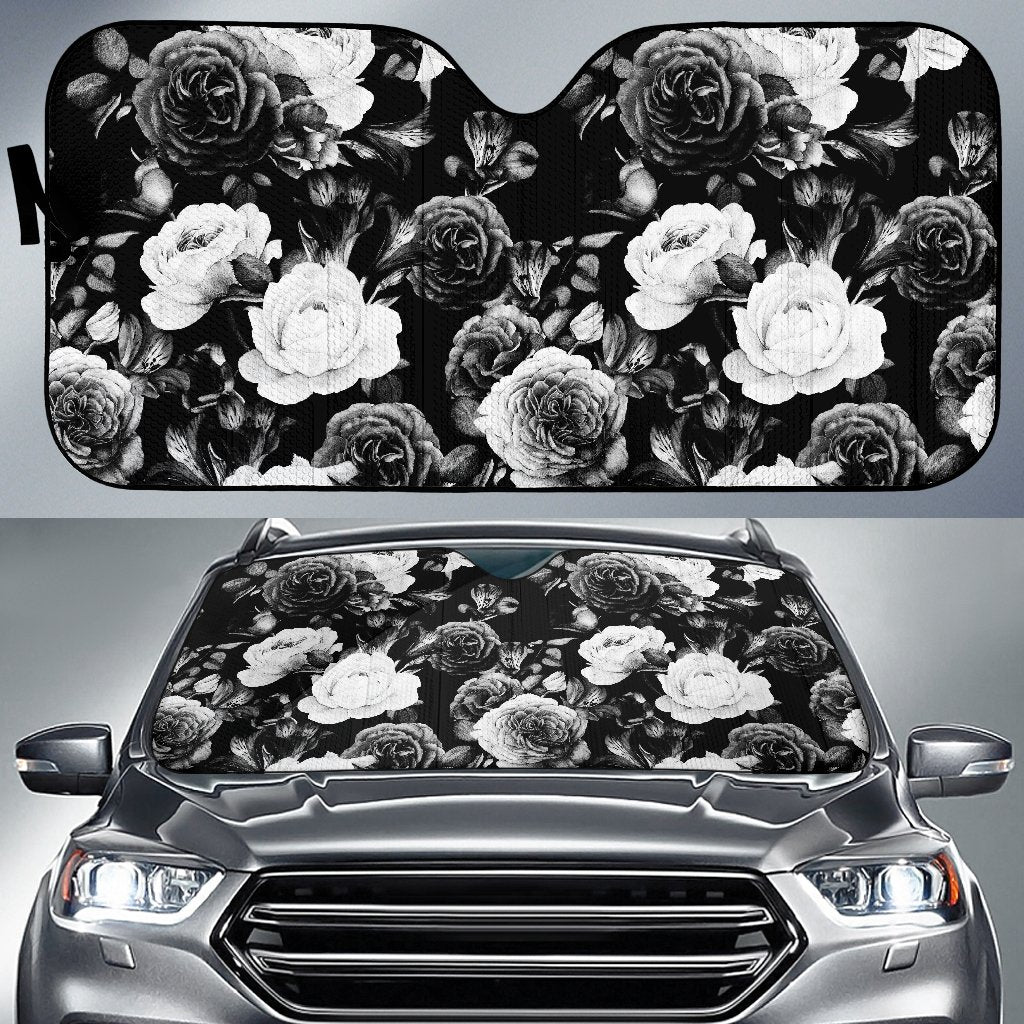 Black White Rose Floral Pattern Print Car Sun Shade GearFrost