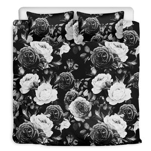 Black White Rose Floral Pattern Print Duvet Cover Bedding Set
