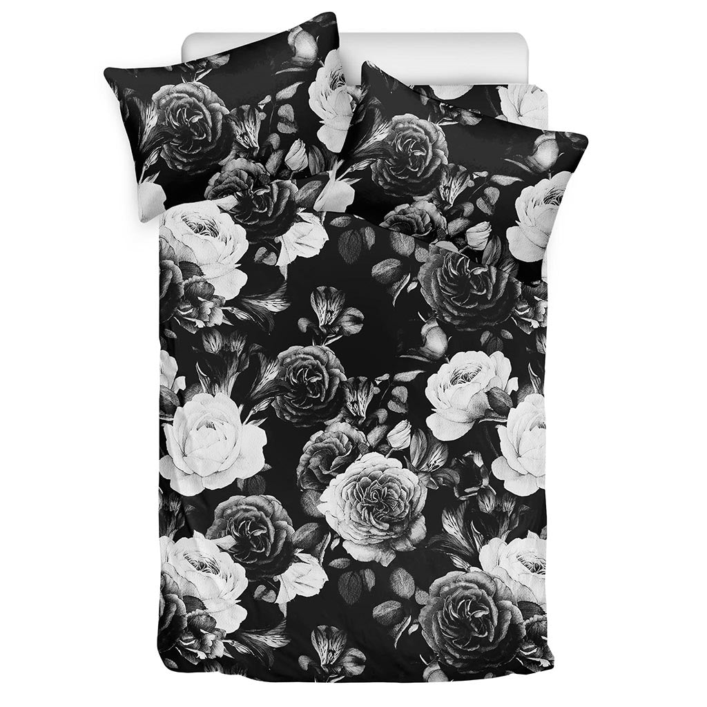 Black White Rose Floral Pattern Print Duvet Cover Bedding Set