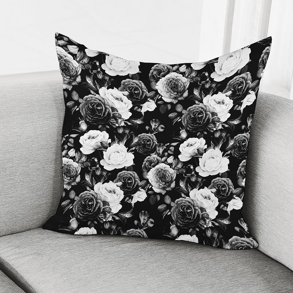 Black White Rose Floral Pattern Print Pillow Cover