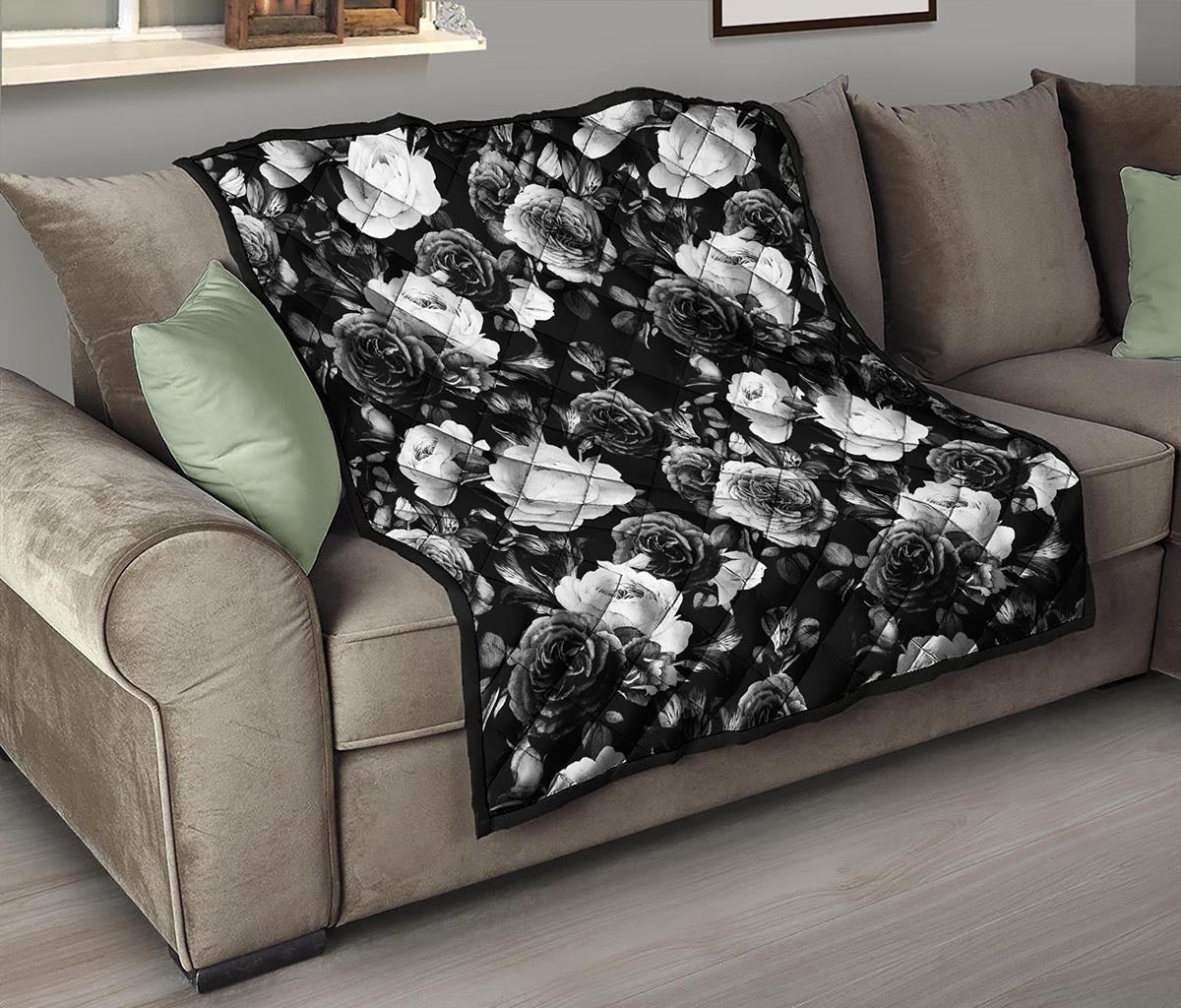 Black White Rose Floral Pattern Print Quilt