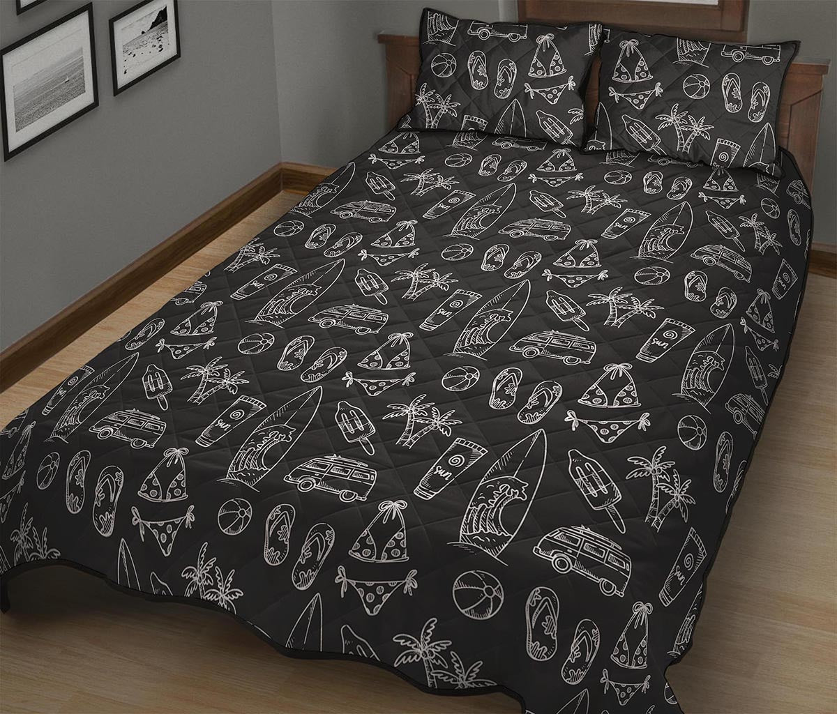 Black White Surfing Pattern Print Quilt Bed Set