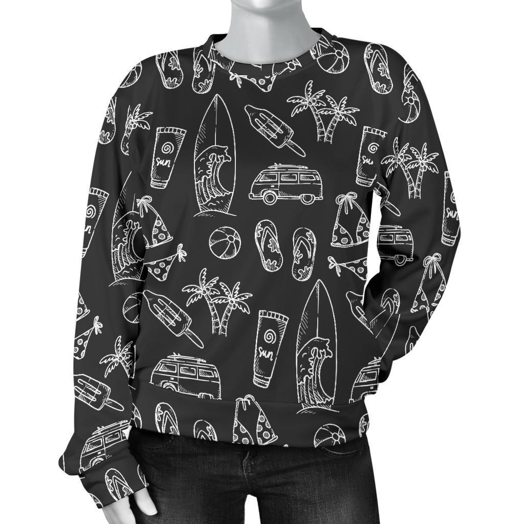 Black White Surfing Pattern Print Women's Crewneck Sweatshirt GearFrost