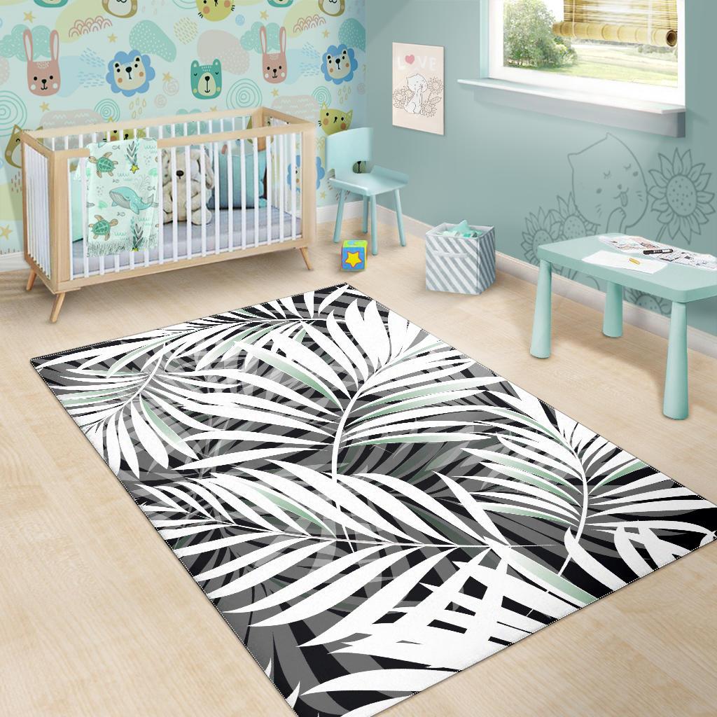 Black White Tropical Leaf Pattern Print Area Rug GearFrost