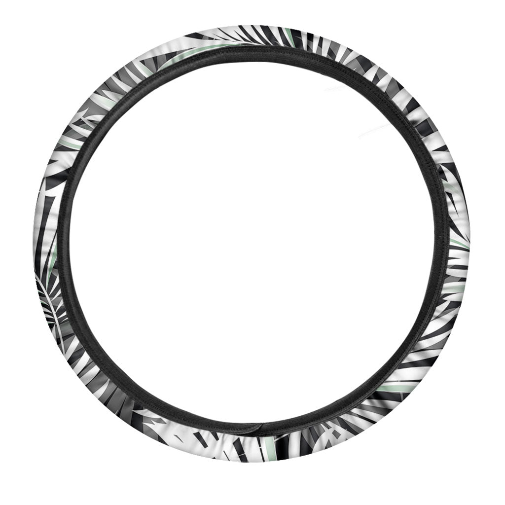 Black White Tropical Leaf Pattern Print Car Steering Wheel Cover