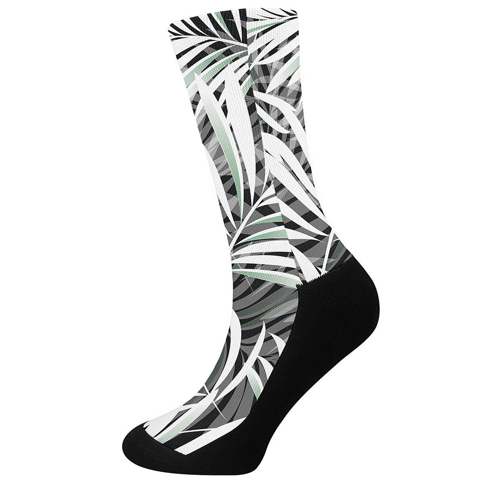 Black White Tropical Leaf Pattern Print Crew Socks