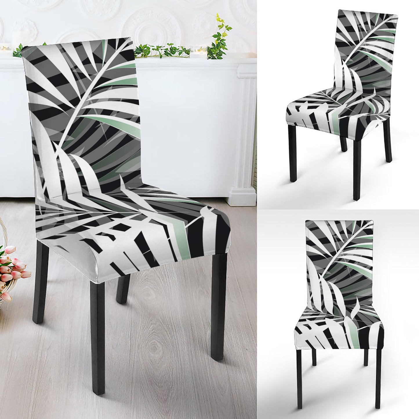 Black White Tropical Leaf Pattern Print Dining Chair Slipcover