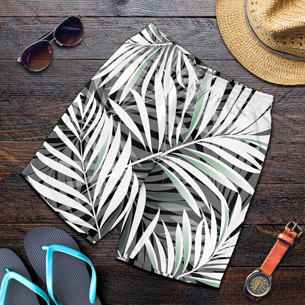 Black White Tropical Leaf Pattern Print Men's Shorts