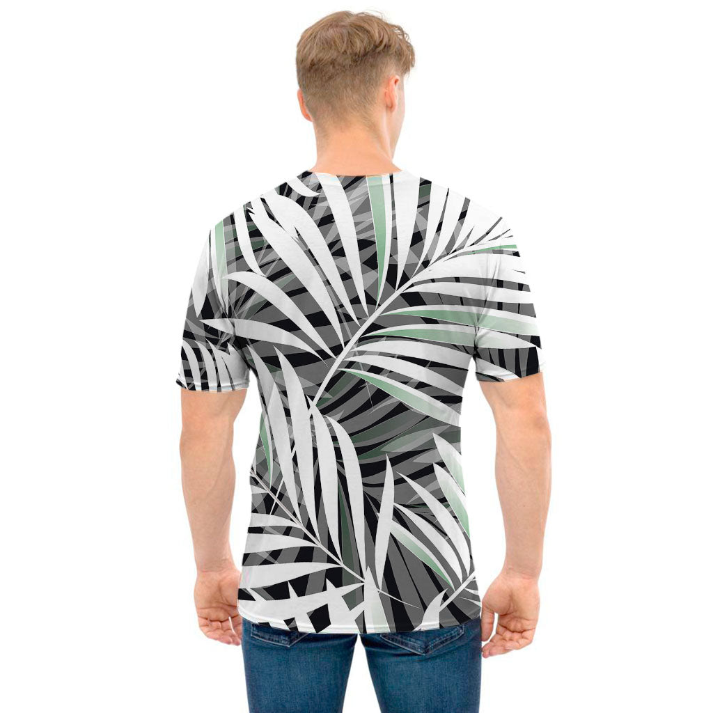 Black White Tropical Leaf Pattern Print Men's T-Shirt